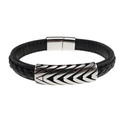 20cm Leer Armband Heren - Zwarte Leren Armband - Brede Armband met Gevlochten Details en Plaat - RVS Magneetsluiting
