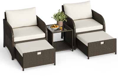 Danky Tuinbank met Tafel - 2-Zits Ligbed met Kussen - 5-delige Poly Rattan Tuinset - Incl. 2 Stoelen met Kussens, 2 Voetenbankjes en Tafel - Weerbestendige Loungeset voor Tuin, Terras en Balkon - Beige