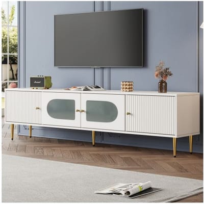 Meuble TV - MUVOE - 170x35x50cm - Blanc avec pieds dorés - 2 portes - Gestion des câbles