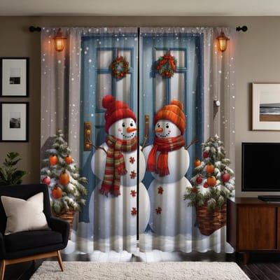 2 stuks HD Kerst deur dennenboom sneeuwpop decoratief gordijn wit lint digitaal bedrukt gordijn Huisdecoratie stijl decoratie W52H63inchW132H160cm gray
