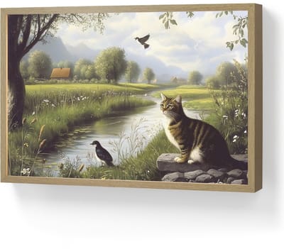 Wandlamp 60x40 cm - Oplaadbaar - Kat - Beekje - Weide - Wandlampen binnen woonkamer - Slaapkamer lamp - Decoratieve nachtlamp - Vloerlamp draadloos