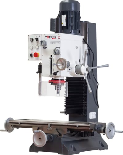 Tandwiel aangedreven boorfreesmachine X 450 mm Y 200 mm Z 430 mm MK4/M16 1,1 kW 230V tapfunctie Torros PF45G 230V