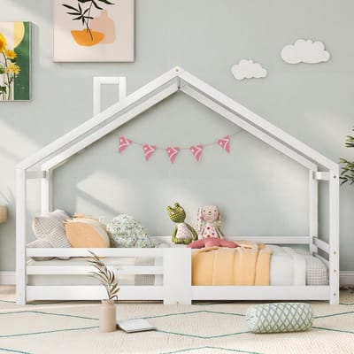 Kinderbed huisbed met schoorsteen en uitvalbeveiliging - 90x200 cm - massief grenenhout - inclusief lattenbodem - wit (zonder matras)