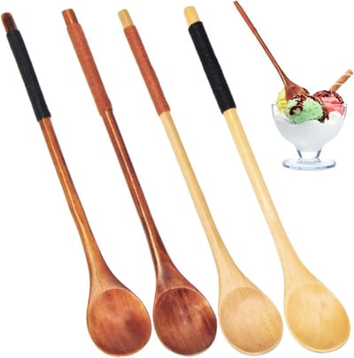 Multifunctionele Houten Dessertlepels met Lange Handgreep voor IJs, Thee en Soep - Keukenaccessoires Set van 4