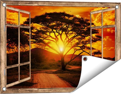 Gards Tuinposter Doorkijk Zonsondergang Achter een Savanne Boom - 60x40 cm - Tuindoek - Tuindecoratie - Wanddecoratie buiten - Tuinschilderij