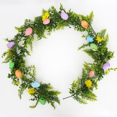 Paasdecoratie - Kunstslinger en -krans met paaseieren - Kunstrank met paaseieren voor de lente - Met ophanghaak - Feestelijke lenteslinger voor huis, voordeur, open haard, eettafel en wanddecoratie - 180 cm