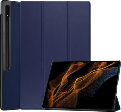 Hoesje - Geschikt voor Samsung Galaxy Tab S9 Ultra - Dun & Stevig - Hard Cover Case - Trifold Bookcase Hoes - Met Uitsparing Geschikt voor S Pen - Hardcover Book - Tablethoes - Donkerblauw
