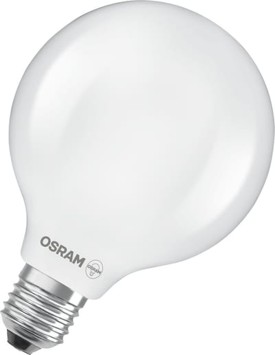 Osram LED lamp in classic globe shape, with decorative LED filament in frosted design, energy efficiency class A, E27, 5 W, 1055 lm, 6500 K, daylight white. 100% light straight away.