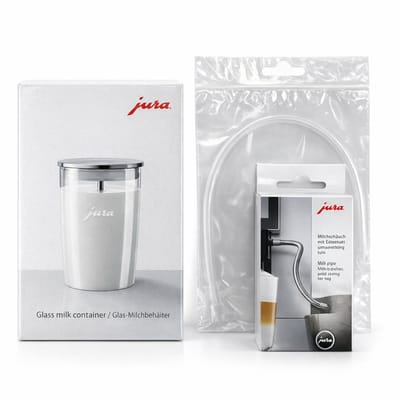 JURA Glazen Melkbeker + JURA RVS Melkslang HP3 + melkslang - Bundel - Geschikt voor JURA E8 + JURA S8 - Melkreservoir