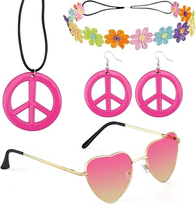 Hippie Kostuumset met Accessoires, Haarband en Vredesteken voor Feestjes en Verkleedpartijen, Perfect voor 60s en 70s Thema's
