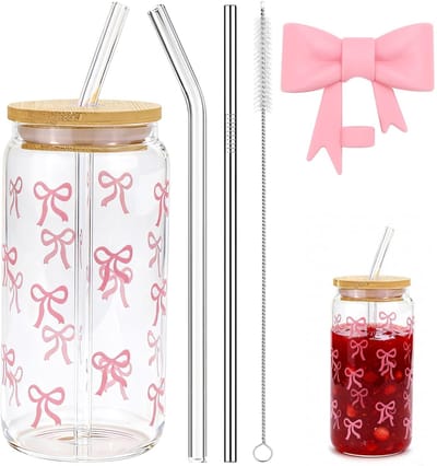 Dailygoods- Glazen Beker met Deksel - Glazen Drinkglas - Rietje - Roestvrij Staal - Duurzaam Borosilicaatglas - 16 oz