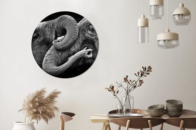 WallCircle - Wandcirkel 90x90 - Omhelzing olifanten op zwarte achtergrond in zwart-wit - Ronde schilderijen woonkamer - Wandbord rond - Muurdecoratie cirkel - Kamer decoratie binnen - Wanddecoratie muurcirkel - Woonaccessoires