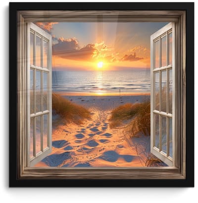 Poster in lijst - Fotolijst 40x40 cm - Posters - Doorkijk - Strand - Duinen - Zonsondergang - Posterlijst zwart - Decoratie - Wanddecoratie woonkamer - Muurdecoratie slaapkamer