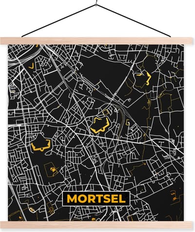 Posterhanger incl. Poster 40x40 cm - Schoolplaat - Mortsel - Plattegrond - Stadskaart - Goud - Kaart - Textielposter - Blanke latten - Stadskaart