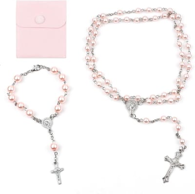Vintage rozenkrans met kruis, parels en fluwelen zakje - Christelijke gebedsketting voor doop, communie en bruiloft