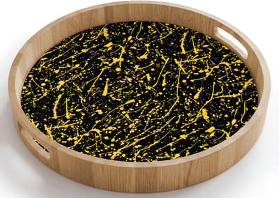 Dienblad rond 40x40 cm - Schootdienblad hout - Spat - Waterverf - Geel - Zwart - Borrelplank rechthoek - Plateau houten dienbladen