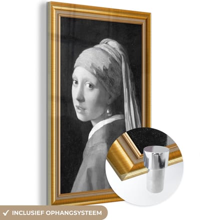 MuchoWow® Glasschilderij 40x60 cm - Schilderij acrylglas - Meisje met de parel - Vermeer - Lijst - Goud - Foto op glas - Schilderijen