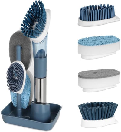 EXCITAT Navulbare afwasborstel - met afwasmiddeldispenser - Reinigingsborstelset - 4 borstels - Geschikt voor het reinigen van potten, pannen en spoelbakken - 28,5 cm - Met opbergrek - Blauw