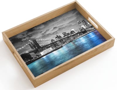 Dienblad hout 40x30 cm - Schootdienblad - New York - Skyline - Stad - Blauw - Borrelplank rechthoek - Plateau dienbladen