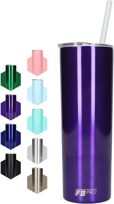 Slanke drinkbeker met rietje - Waterbeker - Thermosbeker - Isoleerkan - Robuust design - Lang formaat - Ideaal voor warm en koud weer - Dubbelwandig - 550 ML - RVS - Paars