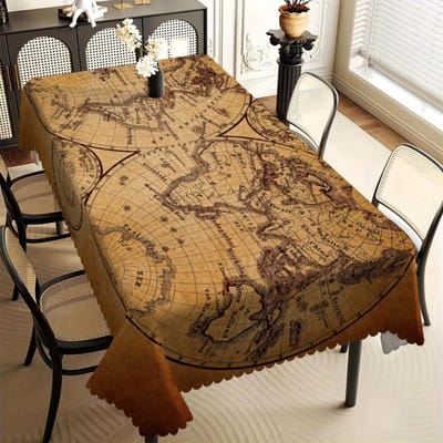 Tafelkleed Wereldkaart Antieke Stijl, Achtergrond van Verouderd Perkament, Golvende Rand, Duurzaam Stof, voor Binnen Eetkamer & Studeerkamer 90x140cm beige