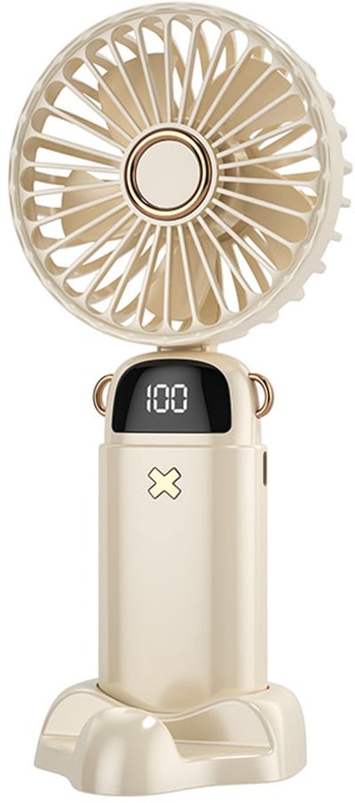 Deze draagbare mini-handventilator heeft een led-scherm, een batterij-indicator, 5 instelbare snelheden, werkt stil, heeft een inklapbaar handvat en een afneembare ventilatorkap. Hij is Geschikt voor kinderen