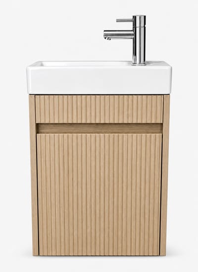 ZIMMER Toiletmeubel Set NOBLE Geribbeld 40x22,5x63 cm Eikgrijs – Incl. Fontein, Chromen Kraan & Sifon – Fonteinmeubel