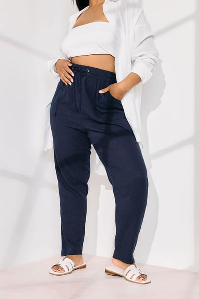 Yours Joggingbroek Van Linnenmix En Toelopende Pijpen In Donkerblauw Size 42