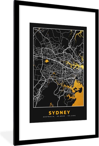 Fotolijst incl. Poster - Sydney - Stadskaart - Plattegrond - Goud - Kaart - 80x120 cm - Posterlijst