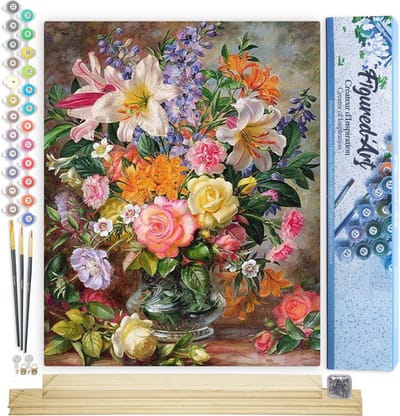 Figured'Art Schilderen op Nummer Volwassenen canvas Bloemen in alle kleuren - Handwerk acrylverf Kit DIY Compleet - 40x50cm met DIY houten lijst