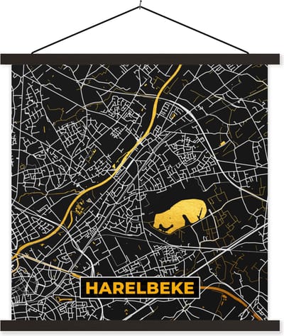 Posterhanger incl. Poster 60x60 cm - Schoolplaat - Stadskaart - Harelbeke - Plattegrond - Goud - Kaart - Textielposter - Zwarte latten - Stadskaart