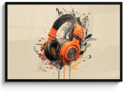 Poster in lijst - Fotolijst 120x80 cm - Posters - Koptelefoon - Oranje - Explosief - Posterlijst zwart - Decoratie - Wanddecoratie woonkamer - Muurdecoratie slaapkamer