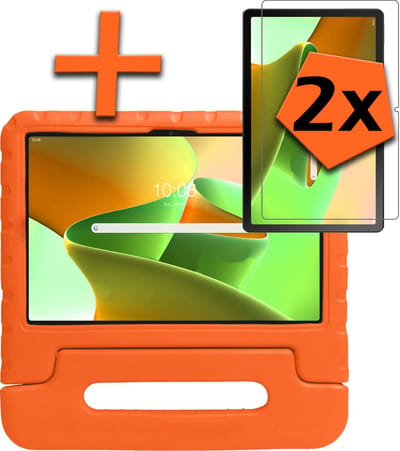 Hoesje - Geschikt voor Lenovo Tab M10 Plus (3e / 3rd Generatie) - Met 2x Screenprotector - Kinderhoes Shockproof Bumper - Kidsproof Case - Tablet Hoes - Kinder Hoes Cover - Oranje