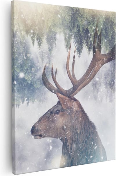 Artaza Canvas Schilderij Hertenkop - 40x50 cm - Muurdecoratie Gewei - Wanddecoratie Sneeuw Bos - Kamer Accessoires