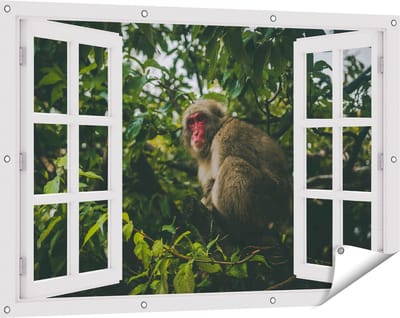 Gards Tuinposter Doorkijk Aap in de Boom tussen de Bladeren - 120x80 cm - Tuindoek - Tuindecoratie - Wanddecoratie buiten - Tuinschilderij