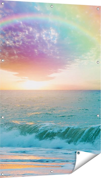 Gards Tuinposter Regenboog in het Water bij het Strand - 80x120 cm - Tuindoek - Tuindecoratie - Wanddecoratie buiten - Tuinschilderij