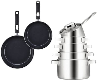 Sola Pannenset Ruby 7-delig - Kookpan ø 16, 18, 20 en 24 cm en steelpan ø 16 cm & BEKA Koekenpannen ø 24 & 28 cm