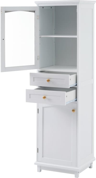 Badkamerkast - Hoge kast - Opbergkast - Kolomkast - MDF - Glazen deur - Gouden handgrepen - Badkamer - 45x36x160cm - 2 lades - Wit