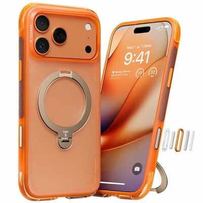 TORRAS Hoesje Geschikt voor Apple iPhone 17 Pro Max - Ostand Q3 Air Spin - Compatibel met MagSafe / Qi2 - Back Cover met Magneet - 360° Draaibare Ring Standaard - Oranje