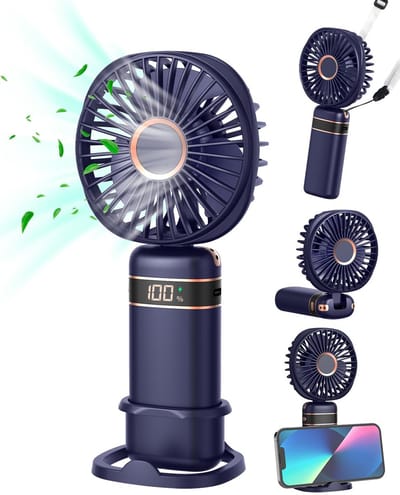 Mini handventilator - Blauw - draagbare USB-handventilator - oplaadbare ventilator met 5 snelheden - opvouwbaar - met voet en draagkoord voor thuis - kantoor - slaapkamer - buiten en op reis.