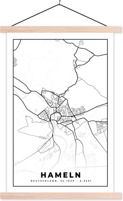 Posterhanger incl. Poster 40x60 cm - Schoolplaat - Hameln - Plattegrond - Kaart - Stadskaart - Textielposter - Blanke latten - Stadskaart
