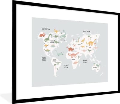 Poster in lijst - Fotolijst 80x60 cm - Posters - Kinderkamer - Wereldkaart - Dinosaurussen - Posterlijst zwart - Decoratie - Wanddecoratie woonkamer - Muurdecoratie slaapkamer