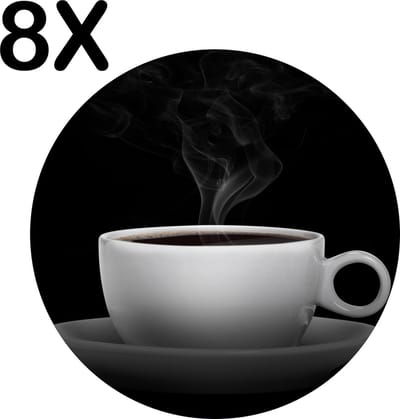 Luxe Ronde Placemat - Kopje Koffie met Zwarte Achtergrond - Set van 8 Placemats - 50x50 cm - 2 mm dik Vinyl - Anti Slip - Afneembaar