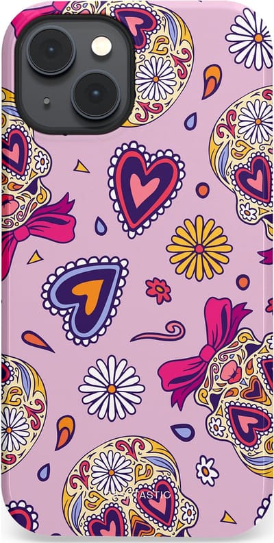 Casetastic hoesje geschikt voor Apple iPhone 14 Plus - MagSafe - Dubbellaagse bescherming - Dia de los Muertos Doodshoofd Strik - Fashion Case - Lichtroze Lila Taupe Zilver