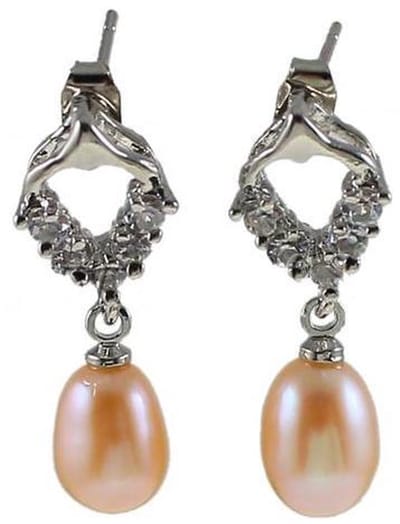 Zoetwater parel oorbellen Bling Pearl Heart Z - oorstekers - echte parels - zalm - zilver - stras steentjes - sieraden zakje - parel oorbellen dames - parel oorknopjes