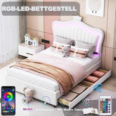 Kinderbed 90x200 cm – Wit meisjesbed met kroon, PU-leer, opberglades, LED-verlichting en lattenbodem