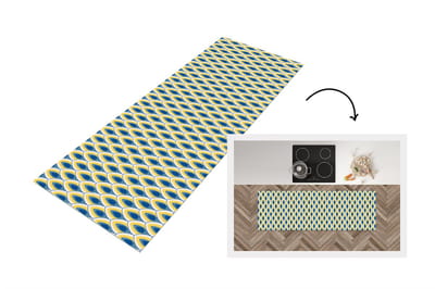 Keukenloper 150x50 cm - Keukenmat vinyl Design - Patroon - Retro - Geel - Blauw - Keukenmatten loper - Keuken vloerkleed tapijt