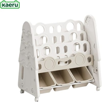 Kaëru® Kinderboekenrek – Speelgoed Opbergrek – 3-Lagen Boekenkast + 3 Opbergdozen – HDPE Veilig Materiaal – Schattig Design – Makkelijk Verplaatsbaar – 68x66x38 cm – Ivoorwit
