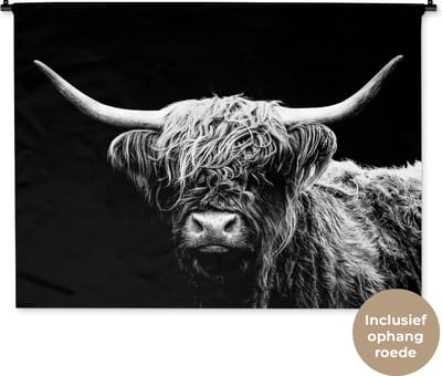 Wandkleed - Wanddoek - Schotse Hooglander - Koe - Zwart - Wit - Dieren - 120x90 cm - Wandtapijt