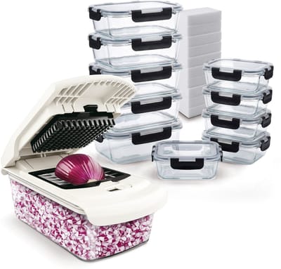 BARDI 12 Delige Groentesnijder met Glazen Ovenschaal - Mandoline Keukensnijder - Groentensnijder Multifunctioneel - Uiensnijder - Anti-slip mat - Glas & RSV met 10 delige vershoudbakjes en 10 wondersponzen